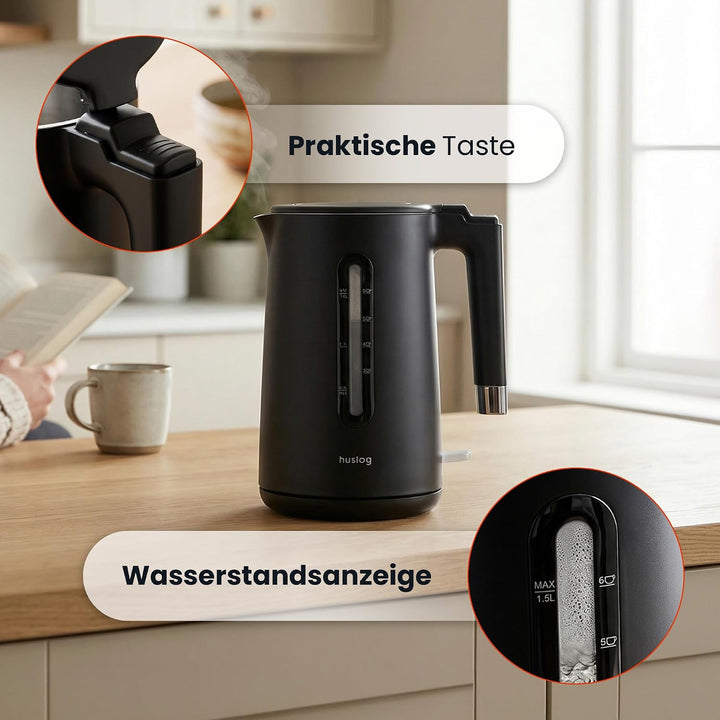 Wasserkocher 1,5L 2200W Double Wall Cool-Touch Edelstahl 304, BPA-frei, mit Wasserstandsanzeige, 360