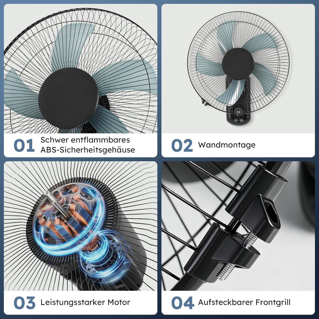 Wandventilator mit Fernbedienung, 40 cm Wand Ventilator mit 3 Geschwindigkeiten, Oszillation 90° & T