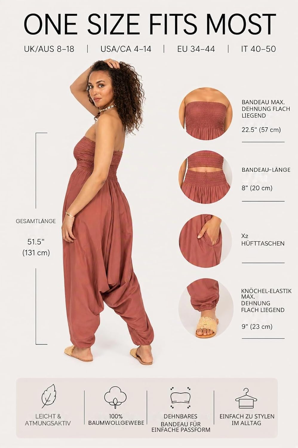 likemary Jumpsuit Damen Sommer – 2-in-1 Baumwoll Einteiler & Haremshose mit Taschen – Luftige Boho P