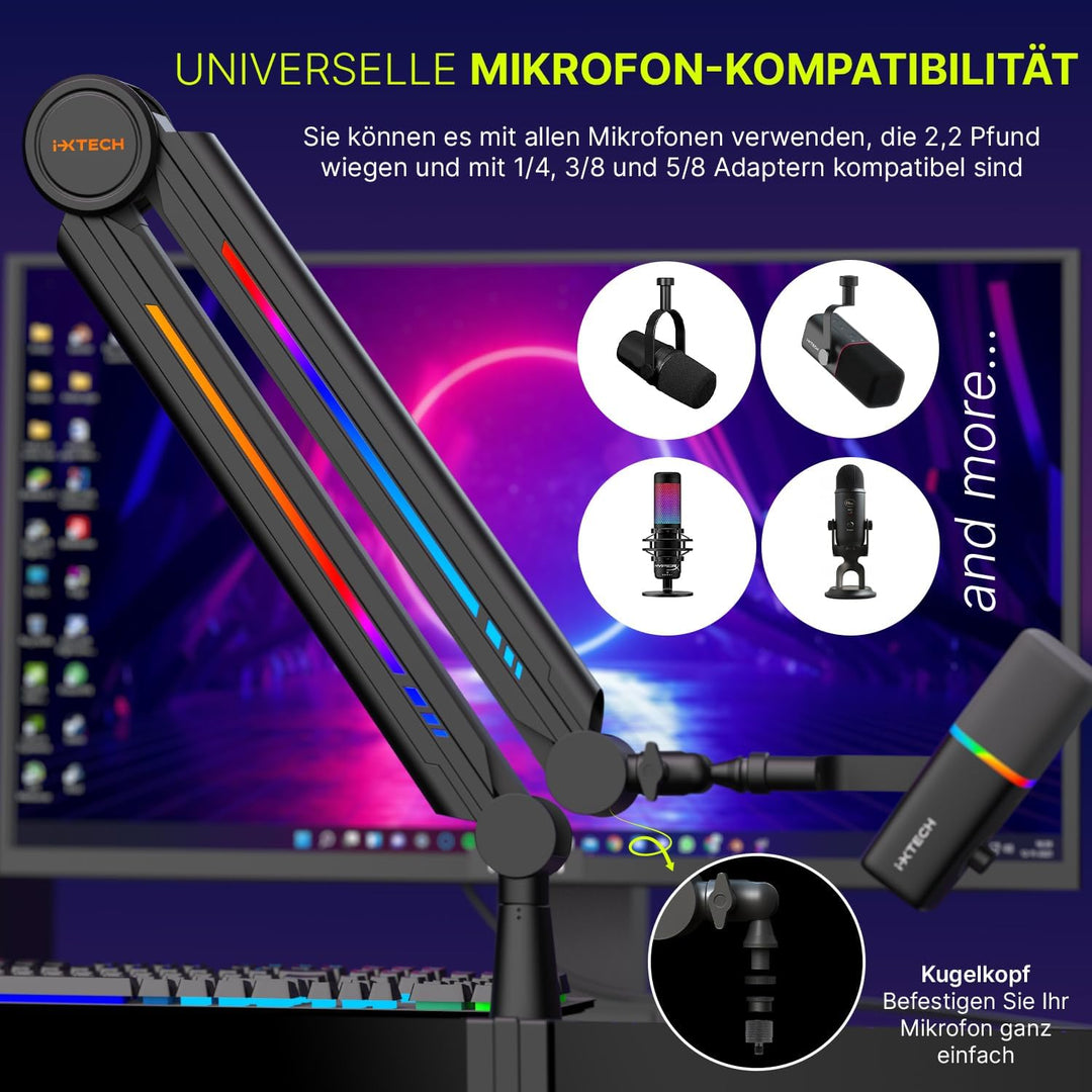 IXTECH RGB Mic Boom Arm High Profile, Overhead Boom Arm Mikrofonständer Schreibtischhalterung, verst