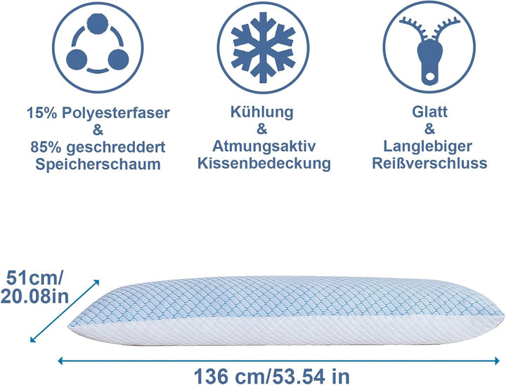 Körperkissen für Erwachsene -Langes Schlafkissen - zerkleinerter Memory Foam & kühlender Bezug mit R