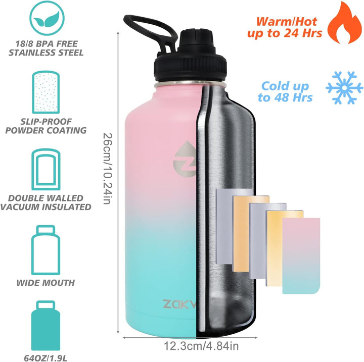 ZAKVOP Thermosflasche, 2L Trinkflasche Edelstahl mit Strohhalmen und 3 Deckeln, Trinkflasche Thermo