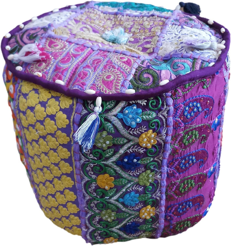 PUSHPACRAFTS Ottoman Pouf Indian Bohemian Style Interior Decor Fusshocker Bodenkissen Indian Embroid