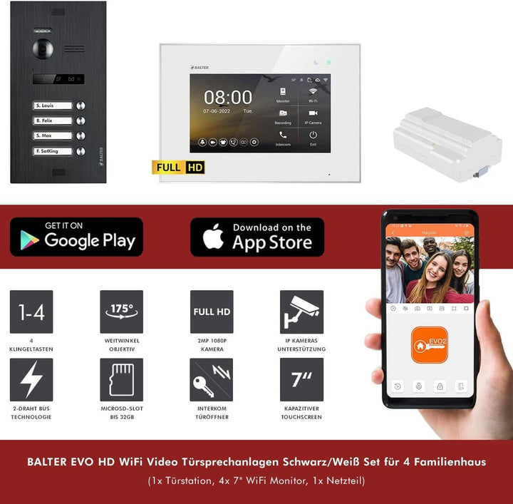Balter EVO HD Schwarz/Weiss WiFi Video Türsprechanlage Set für 4 Familienhaus (1x Türstation mit Ful