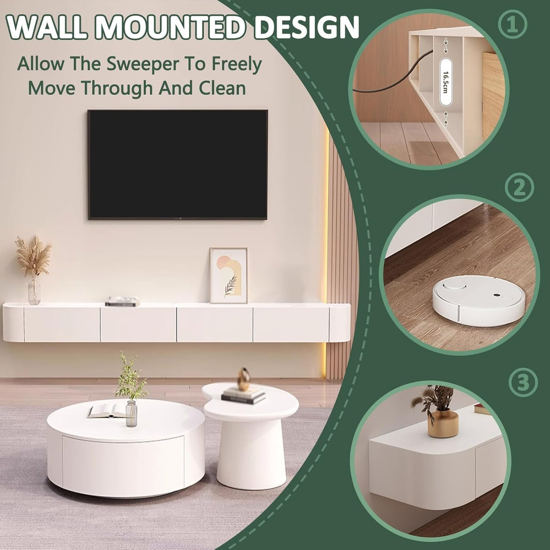 weiss TV Hängeboard Schwebend,Fernsehschrank 140cm lang,TV Lowboard mit 2 Schubladen,Keine Montage e