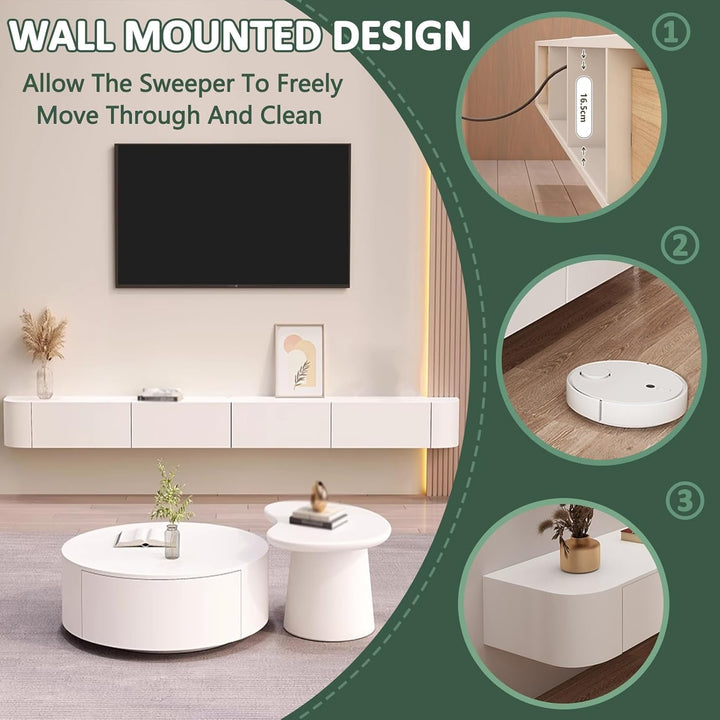 weiss TV Hängeboard Schwebend,Fernsehschrank 140cm lang,TV Lowboard mit 2 Schubladen,Keine Montage e