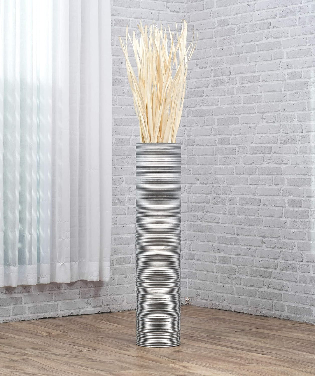 Leewadee Grosse Bodenvase für Dekozweige hohe Standvase Design Holzvase, Holz, 90 cm, Silber 90 cm S