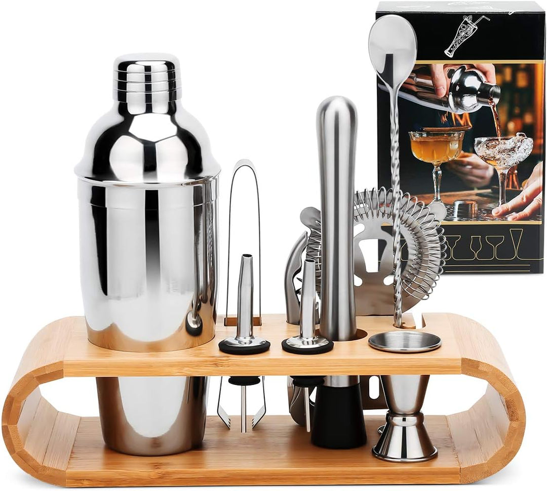 Hochwertiges Cocktailshaker Set, Cocktailmixer Set, 10 Teileig, aus Edelstahl, mit Bambus-Aufbewahru