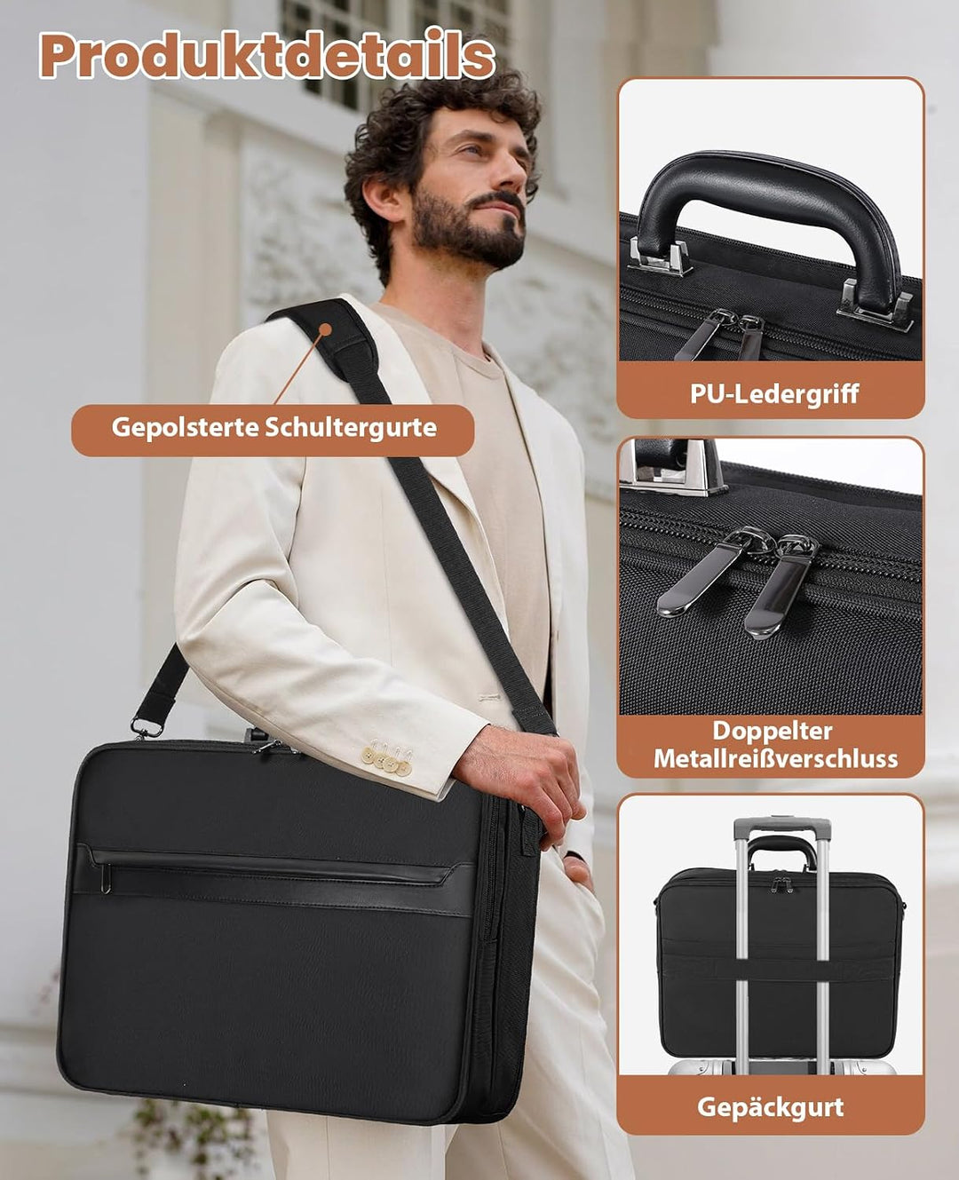 Jetviivid Aktentasche Herren, 15.6 Zoll Laptoptasche Gross, Wasserdichte Briefcase mit Schultergurt,