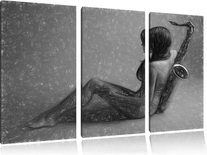 Pixxprint Attraktive Frau mit Saxophone / 3-Teilig/Gesamtmass 120cm Leinwandbild bespannt auf Holzra