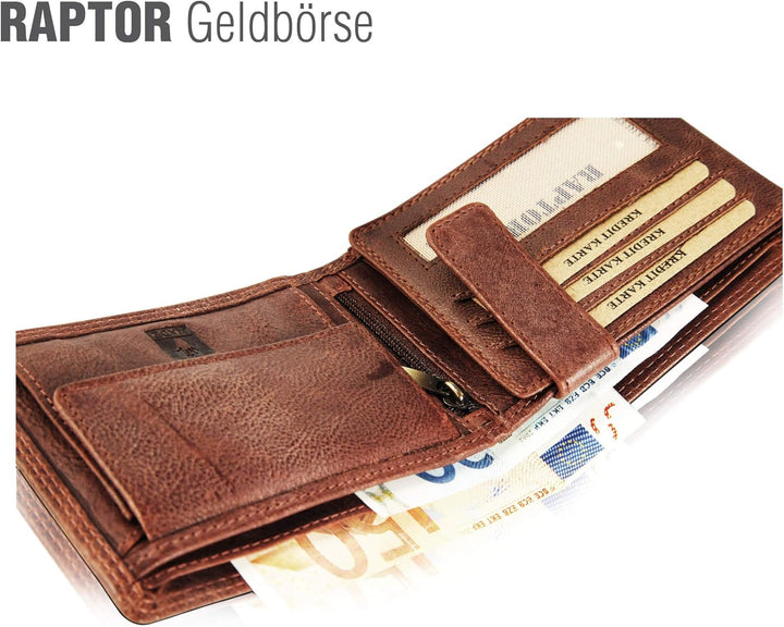 Raptor Herren-Geldbörse Echtleder Used Look Querformat braun 12x9 cm RA40003, Braun