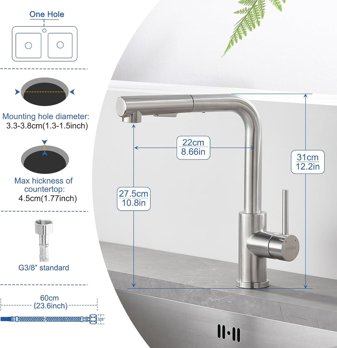 WOOHSE Wasserhahn Küche Ausziehbar, 360°Drehbare Küchenarmatur mit Brause Ausziehbar, Hochdruck Spül