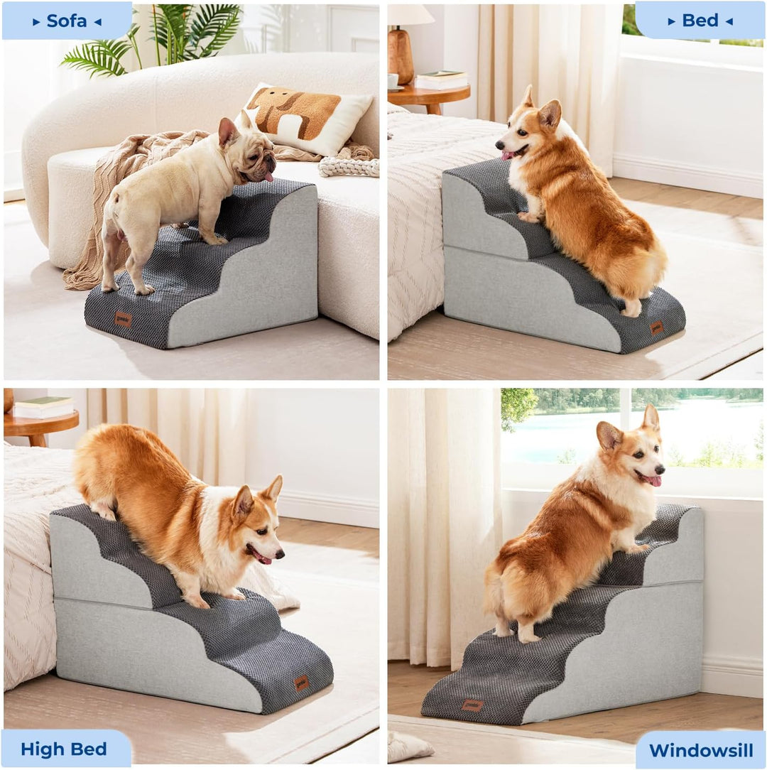 ZOMISIA Hundetreppe für Kleine Hunde 40 cm Hoch, 3 Stufen, Grau | Haustiertreppe für Sofa Bett, Hoch