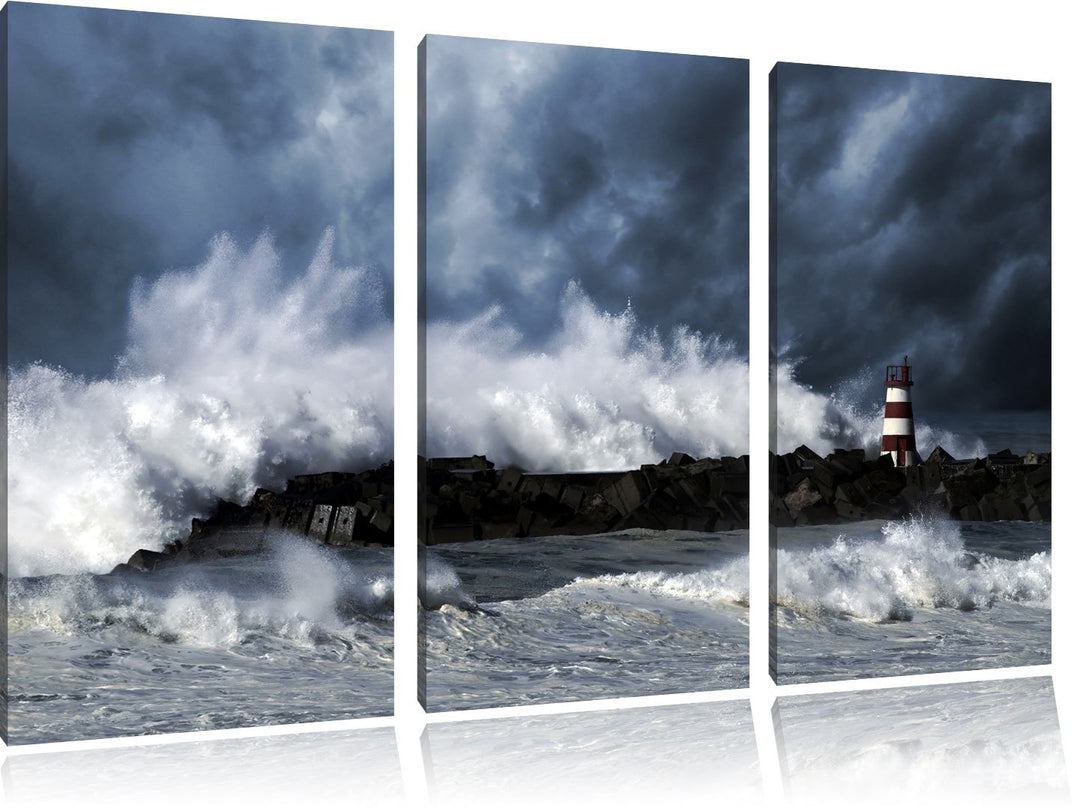 Pixxprint Tobendes Meer mit Leuchtturm als Leinwandbild/Grösse: 3 Teilig (120x80) cm/Wandbild/Kunstd
