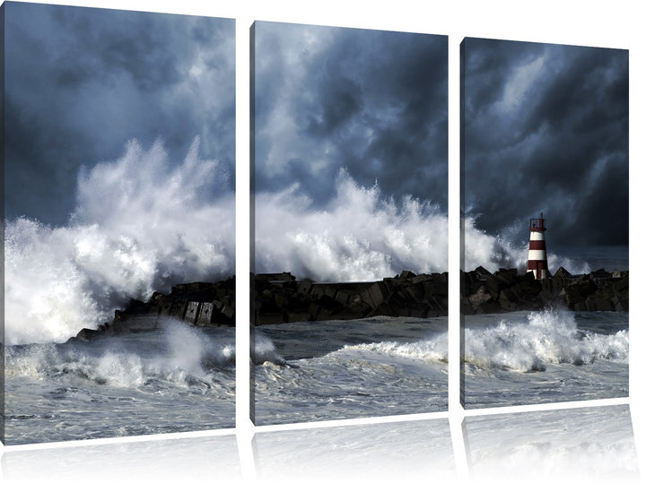 Pixxprint Tobendes Meer mit Leuchtturm als Leinwandbild/Grösse: 3 Teilig (120x80) cm/Wandbild/Kunstd