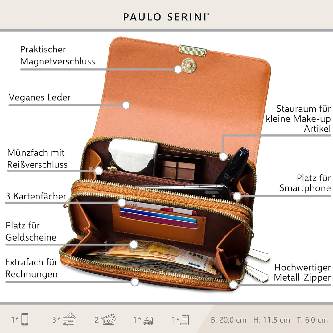 PAULO SERINI® Umhängetasche Damen | Handytasche zum Umhängen aus 100% veganem Leder | Handtasche Dam