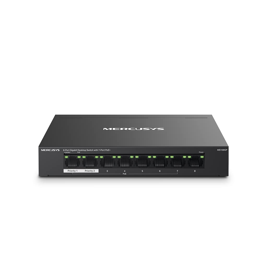 MERCUSYS MS108GP Gigabit RJ45 Switch, 8 Ports, 7 PoE+ Ports, PoE-Übertragung bis zu 250 Meter, Ether