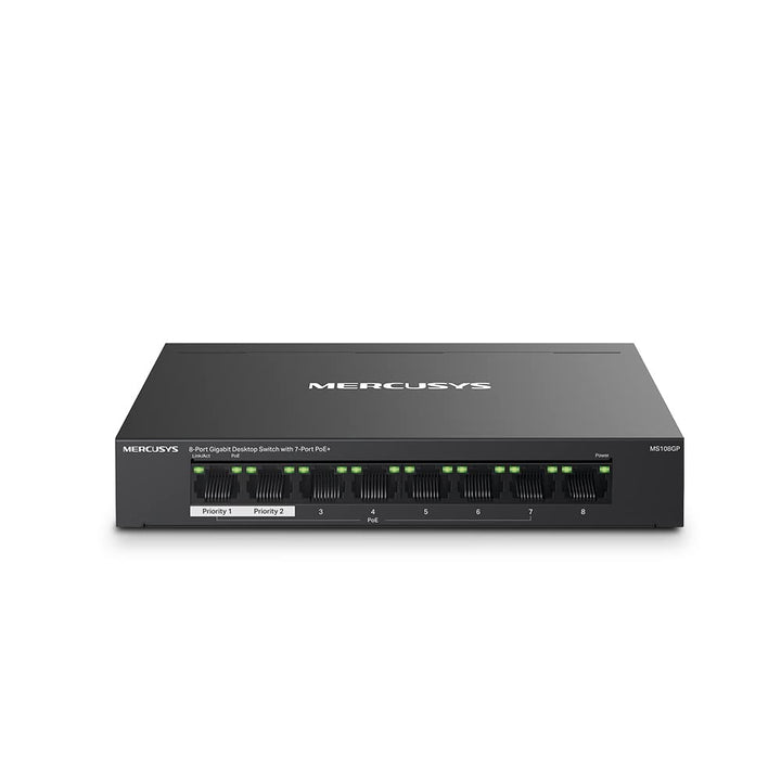MERCUSYS MS108GP Gigabit RJ45 Switch, 8 Ports, 7 PoE+ Ports, PoE-Übertragung bis zu 250 Meter, Ether