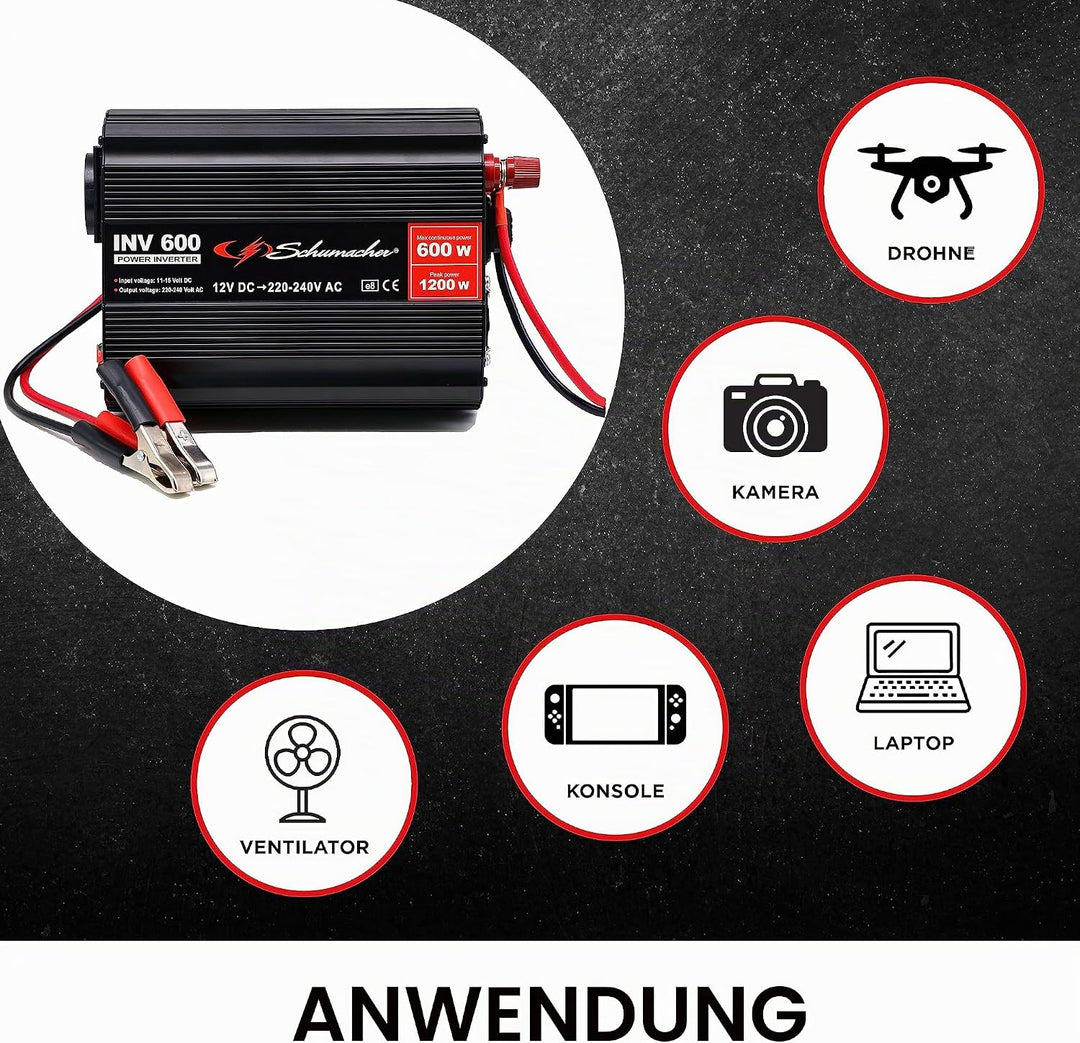 Schumacher INV 600 Spannungswandler Modifizierter Sinus-Wechselrichter 12V DC > 230V AC - Dauerleist