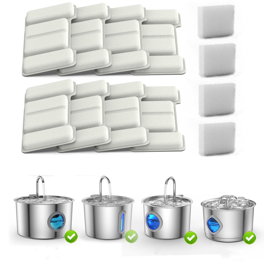 Ersatzfilter & Schwämme für 2.2L 3.2L Edelstahl Katze Wasserbrunnen, 8 Filter + 4 Schwämme Kit, vier