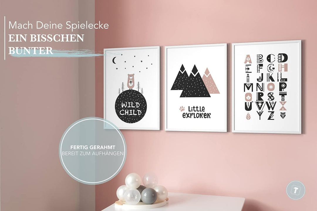 Papierschmiede® Kinderbilder 3er Set, A3 gerahmt in Holzrahmen (weiss), Geschenk für Jungen &amp; Mädche