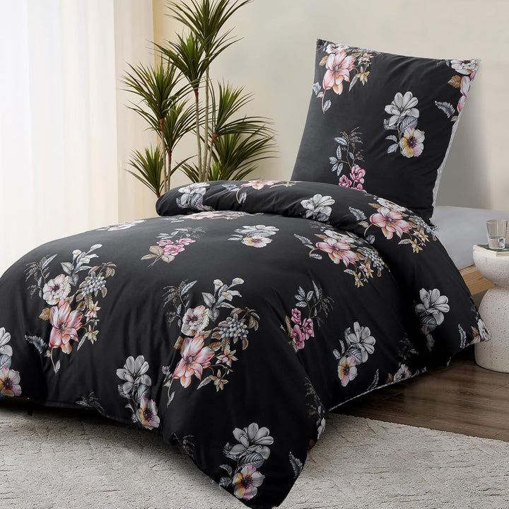 RUIKASI Bettwäsche 155x220 2 teilig Schwarz - Bettbezug 155 x 220 Set mit Blumen Muster, Bettwäsche-