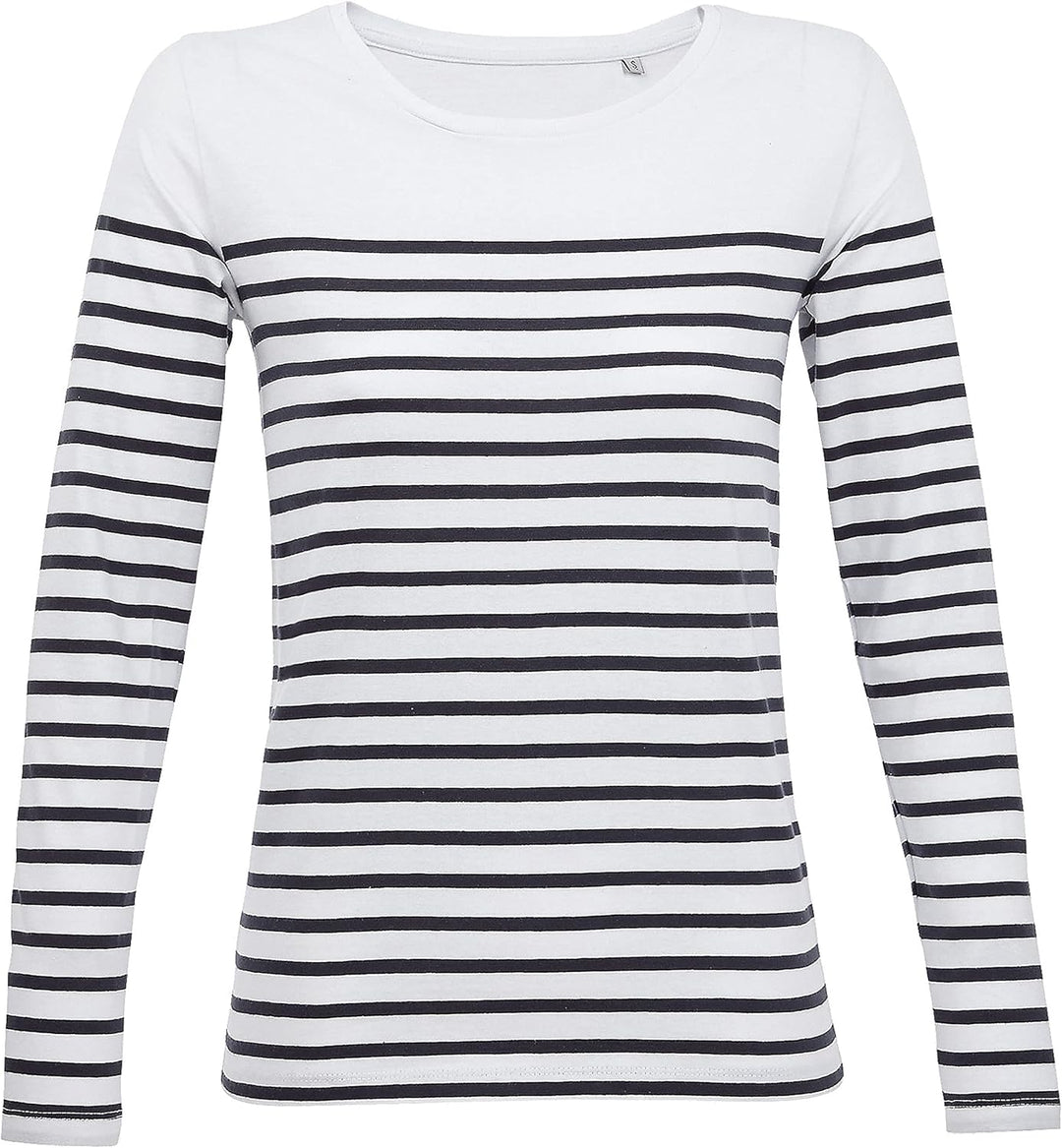 Damen-T-Shirt, Marineblau, langärmlig, gestreift, T-Shirt, Damenkleidung, 100 % Baumwolle, erhältlic
