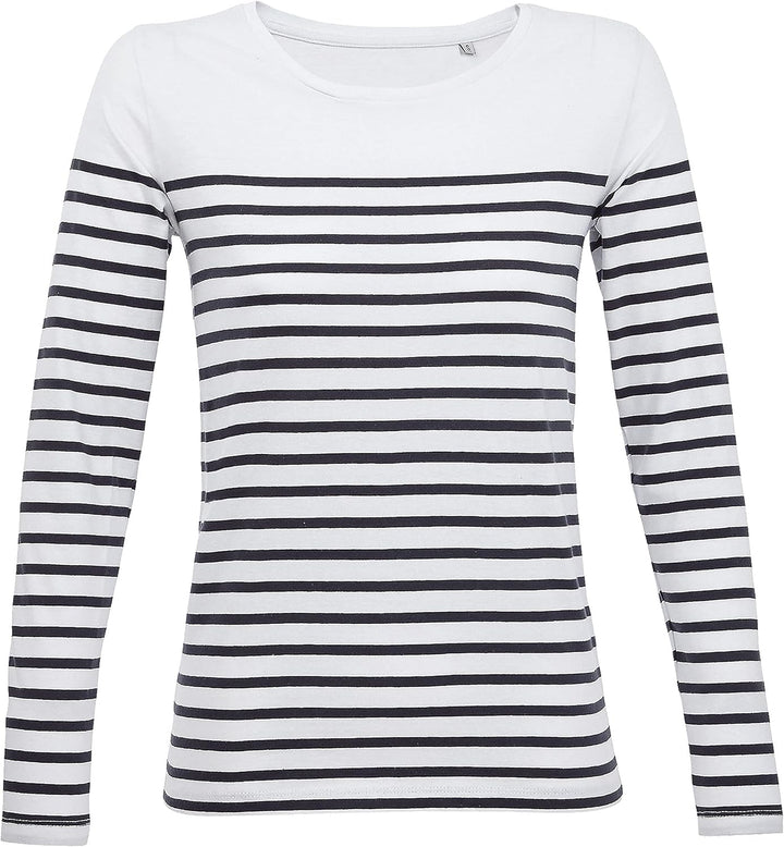 Damen-T-Shirt, Marineblau, langärmlig, gestreift, T-Shirt, Damenkleidung, 100 % Baumwolle, erhältlic