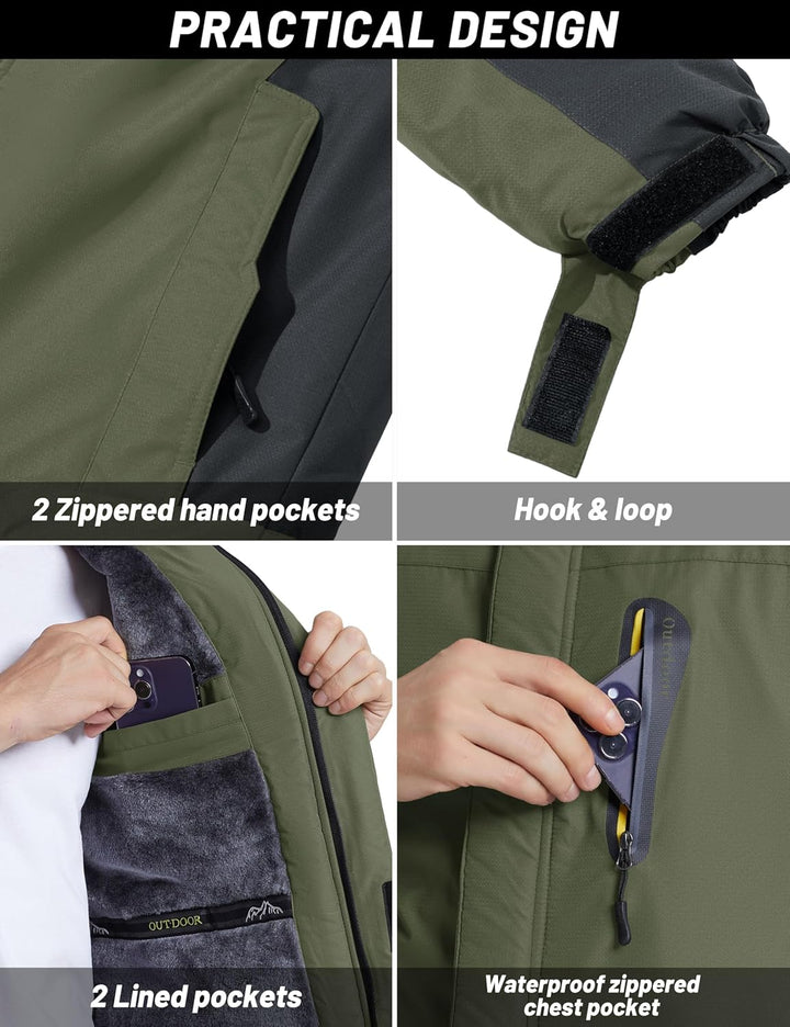 Herren Warme Skijacke Gefütterte Winterjacke Wasserabweisende Funktionsjacke mit Abnehmbarer Kapuzen