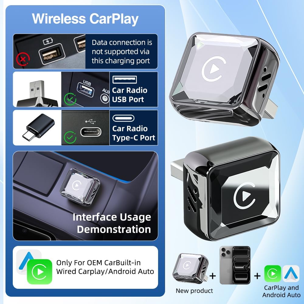 GemCoo 2-in-1 Wireless CarPlay Android Auto Adapter für Autos mit Kabel | iOS 10 / Android 11 kompat