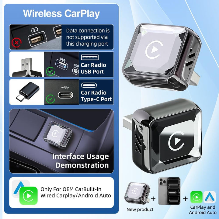 GemCoo 2-in-1 Wireless CarPlay Android Auto Adapter für Autos mit Kabel | iOS 10 / Android 11 kompat