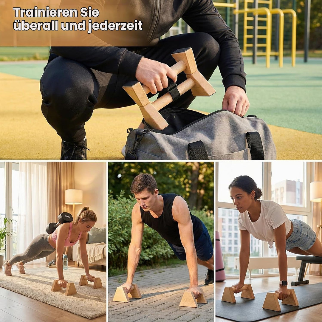 Liegestützgriffe Holz, 2 Rutschfeste Handstand Griffe, Ergonomische Parallettes, Stabil &amp; Langlebig