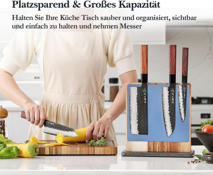 HEZHEN Magnetischer Messerblock aus Akazienholz - Doppelseitiger Magnetischer Messerhalter mit Leder