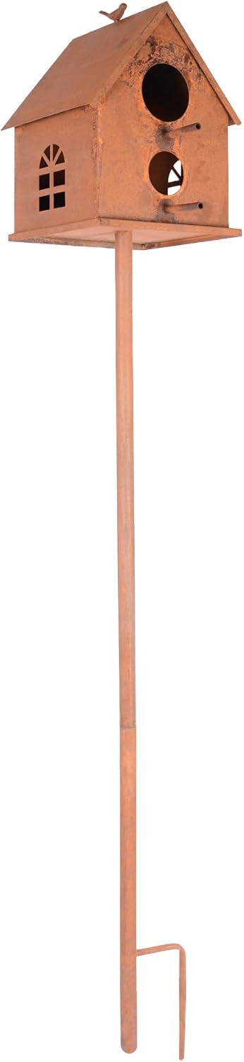 UNUS Vogelhaus mit Stab Metall Rost ca. 126 cm wetterfest dekoratives Vogelhaus Garten Terrasse Balk