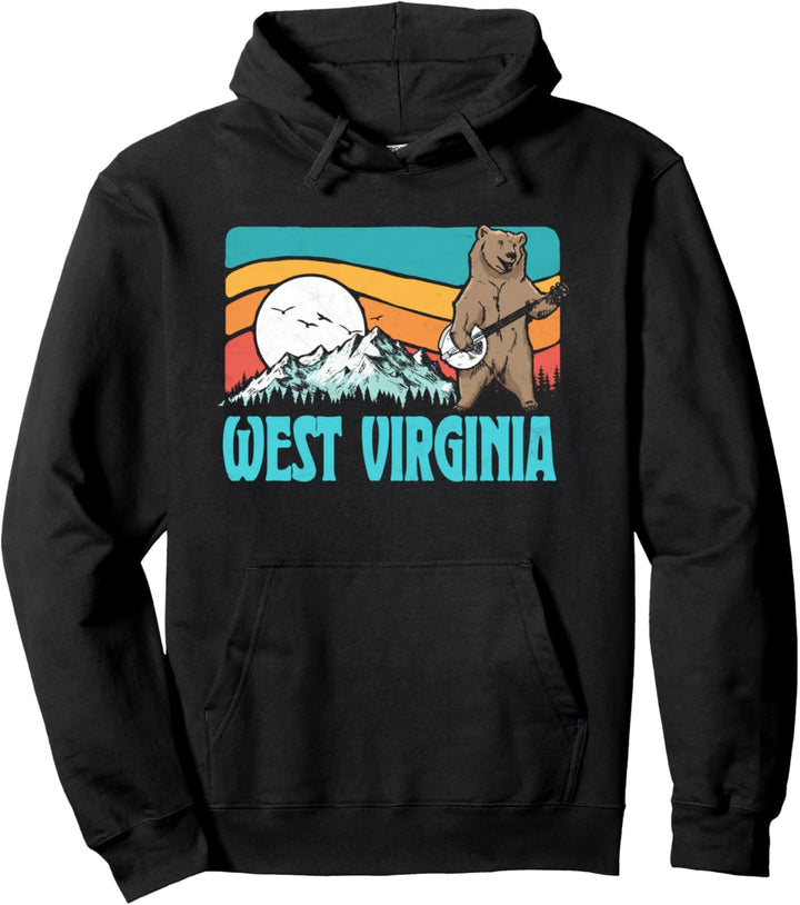 West Virginia Mountains Bluegrass Banjo Bear Funny Graphic Pullover Hoodie