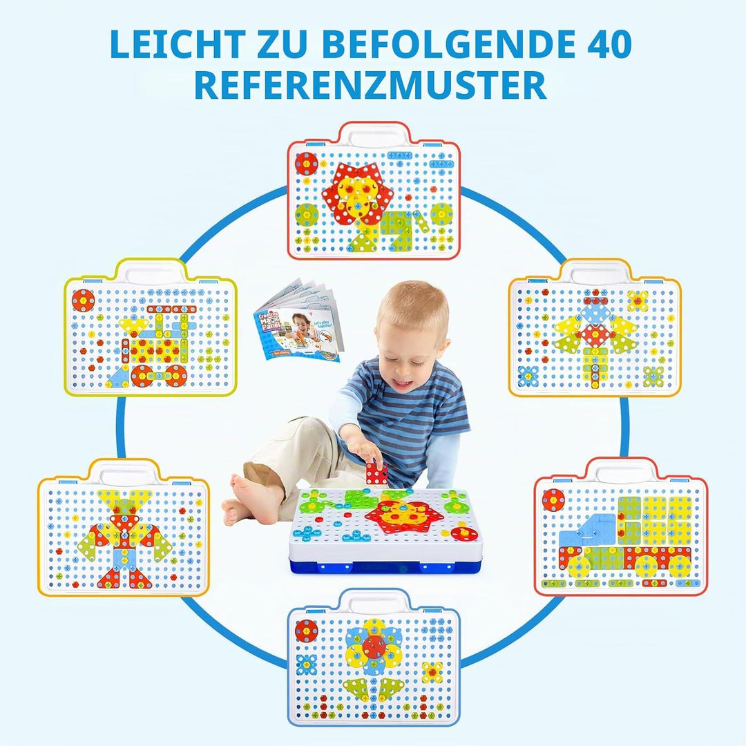 SHAWE Spielzeug ab 3 Jahre Mosaik Steckspiel Werkzeugbox mit Elektrische Spielzeug Bohrmaschine Mont