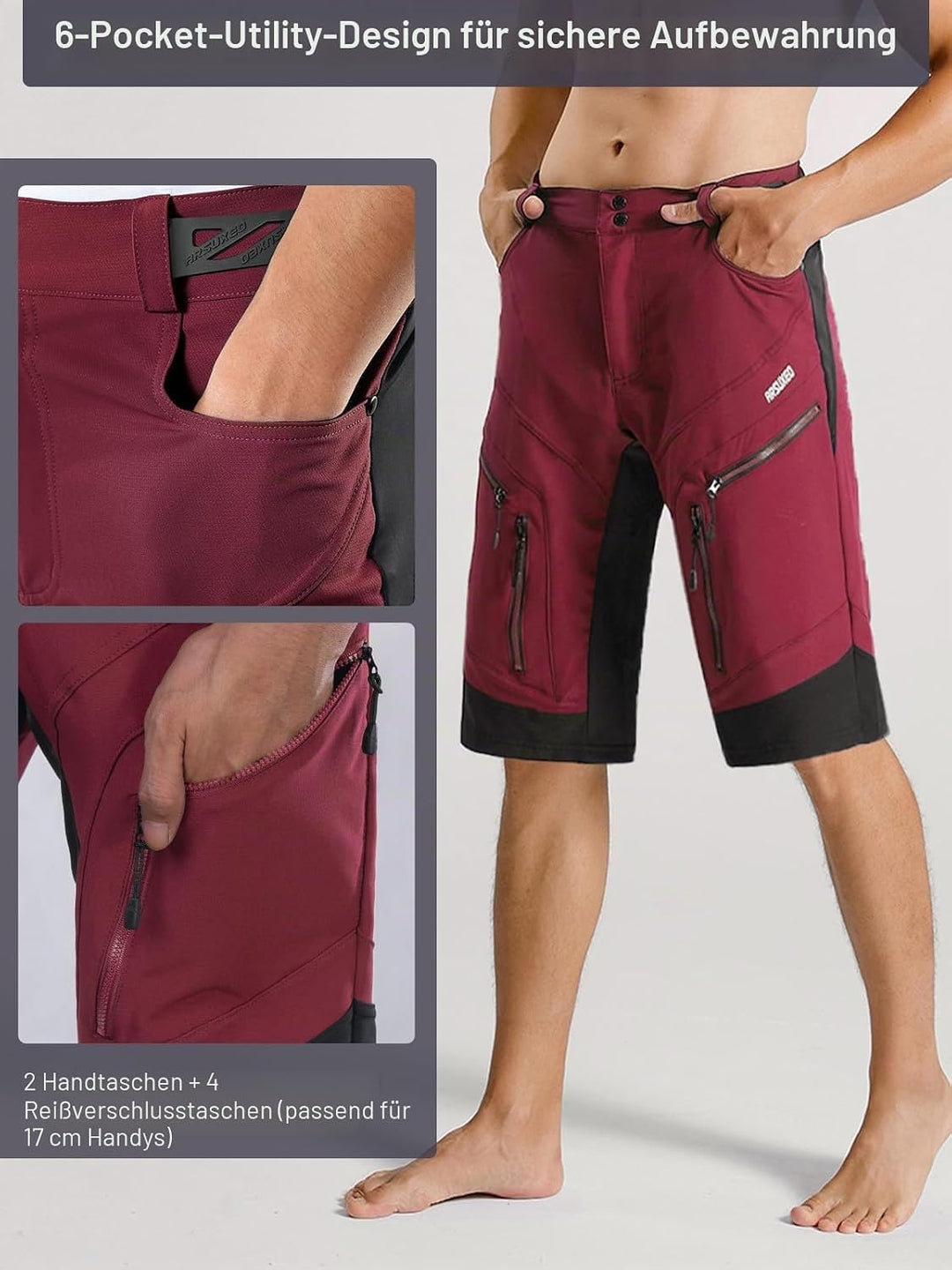 ARSUXEO Radhose Herren MTB Shorts Gepolstert Getrennte Unterhose Lose Fit Fahrradhose Wasserabweisen