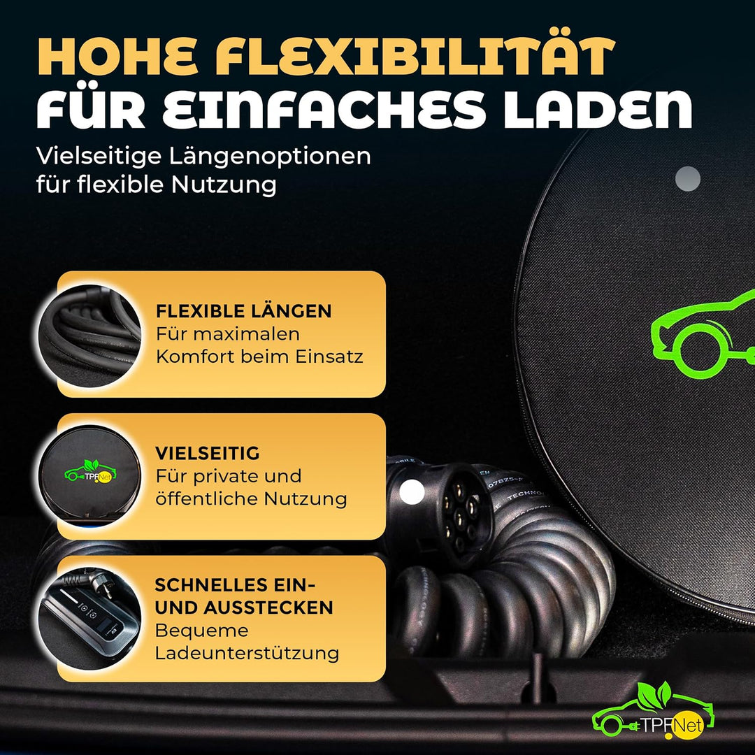 TPFNet Typ 2 Spiral Ladekabel 10m für Elektroauto PHEV Hybrid 7,2kW 32A E-Auto Ladekabel 1 phasig 10