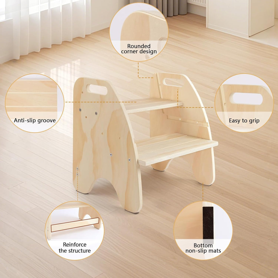 Comfoyar Tritthocker Kinder Holz, 2 Stufenhocker für Kinder mit Griff und Rutschschutzkissen, Cabrio