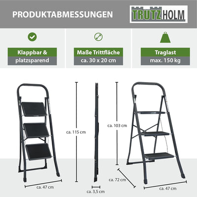 TRUTZHOLM Trittleiter 2 oder 3 Stufen klappbar TÜV/GS Zertifiziert 150 kg Klappleiter Anti-Rutsch Tr