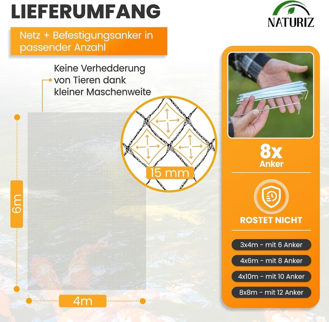 NATURIZ® Teichnetz & Vogelschutznetz robust - 15x15mm feinmaschig - UV & witterungsbeständig - Netz