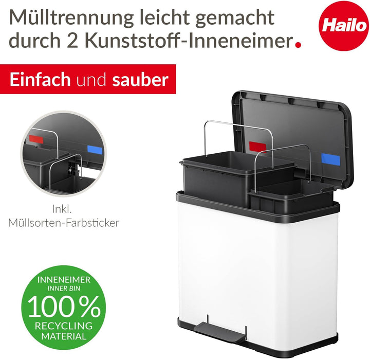 Hailo Öko duo Plus L Tret-Mülltrenner - freistehender 17+9 Liter Doppelmülleimer aus Stahlblech - Mü
