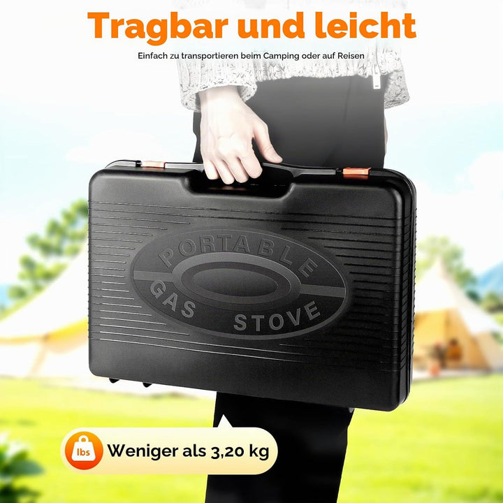 2-in-1 Tragbarer Camping Grill Gasherd, Tragbarer Butan Gasherd mit Grillzubehör Set, Gas Grill Herd