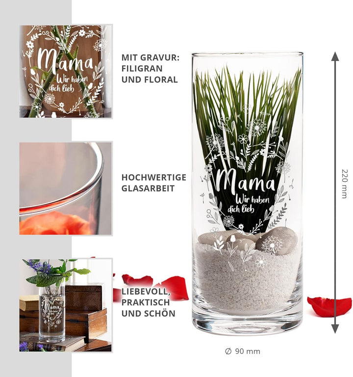 Casa Vivente Runde Blumenvase mit Gravur für Mama, Wir haben Dich lieb, Glasvase für Schnittblumen,