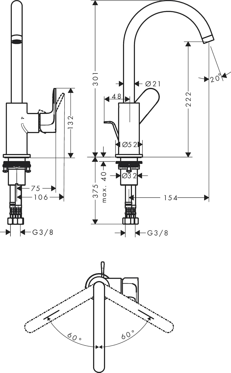 hansgrohe Waschtischarmatur Rebris S, Wasserhahn Bad mit Auslauf Höhe 210 mm, mit Zugstange, Badarma