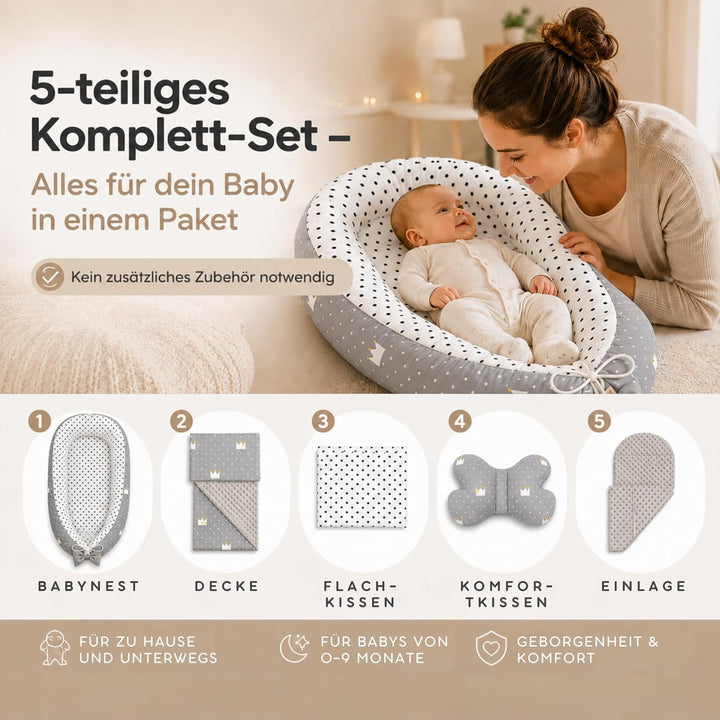 SKY &amp; ZEN Babynestchen – Babynest 5 tlg. Set für Neugeborene mit Tragegriff