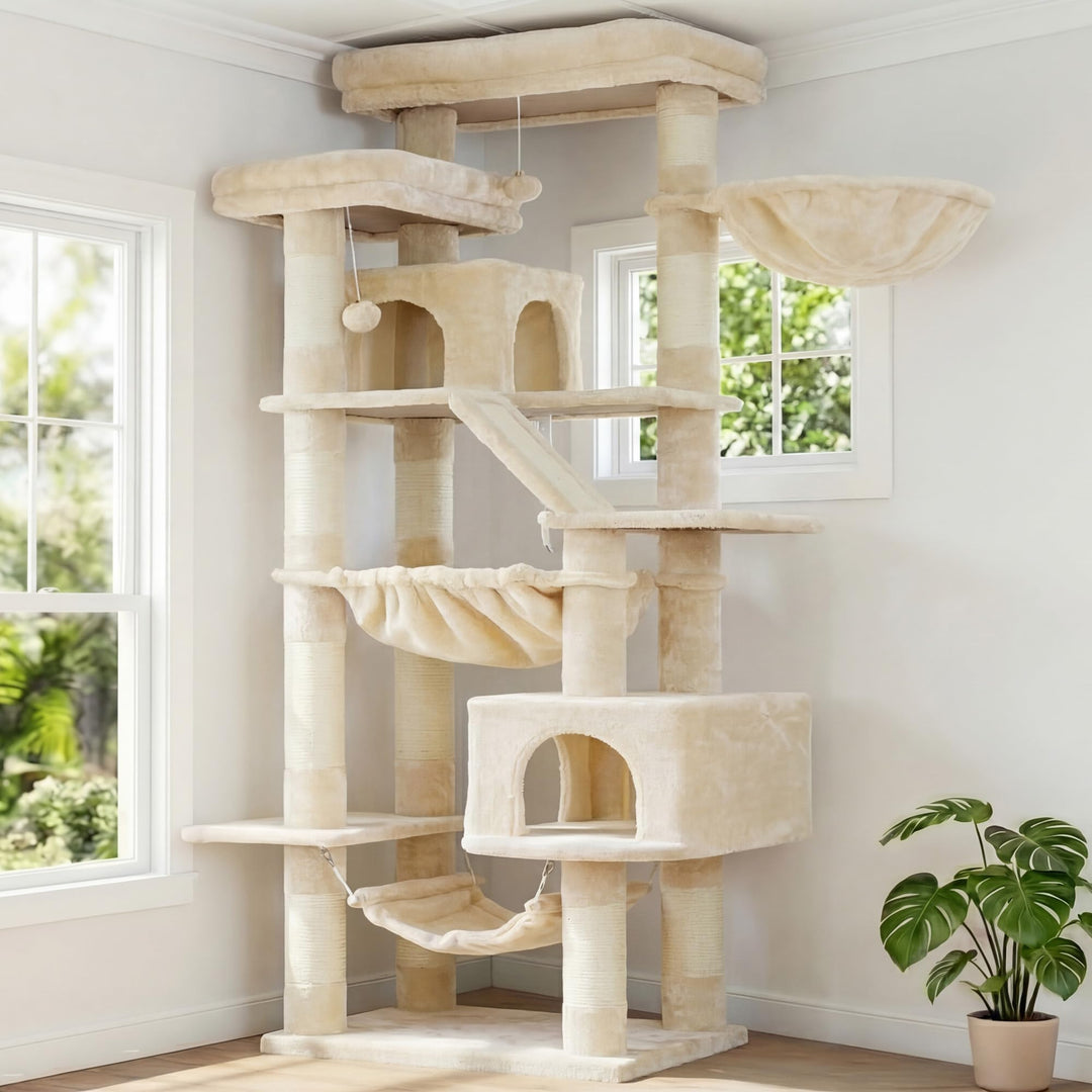 Heybly Kratzbaum, 180 cm Hoher Katzenturm für Wohnungskatzen mit 2 Plattformen, 2 Grossen Schlafhäus