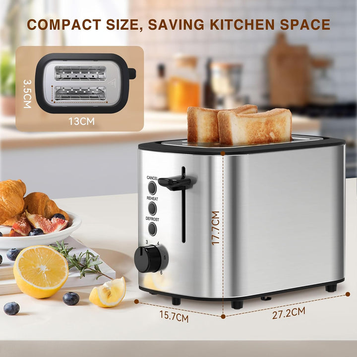 KitchenBoss Edelstahl Toaster 2 Scheiben：Toaster mit 6 Bräunungsstufen | Brötchenaufsatz, Abschaltau