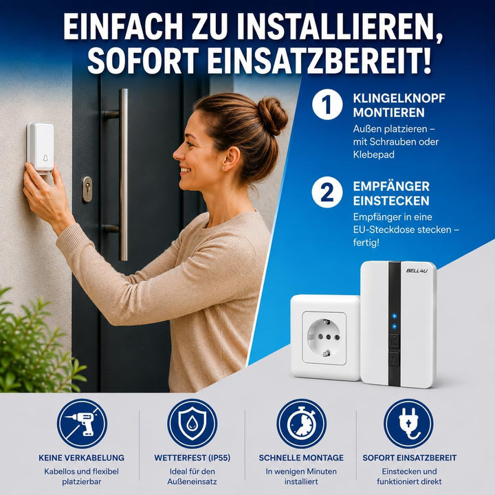 Funkklingel Set, batterielos, 1 Sender, 4 Empfänger | Keine Batterien erforderlich, 200 m Reichweite