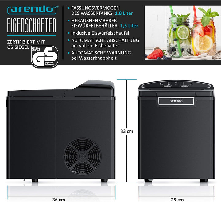 Arendo - Eiswürfelmaschine Edelstahl - Eiswürfelbereiter - ice maker maschine - 1,8 Liter - Eiswürfe